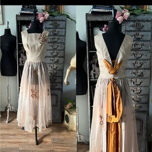 Vintage 1960s Handmade Copper Satin & Embroidered Beige Tulle Evening Gown